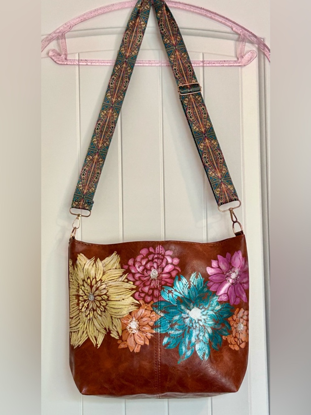 Upcycled Brown Faux Leather Crossbody Bag with Hand Painted Blooms